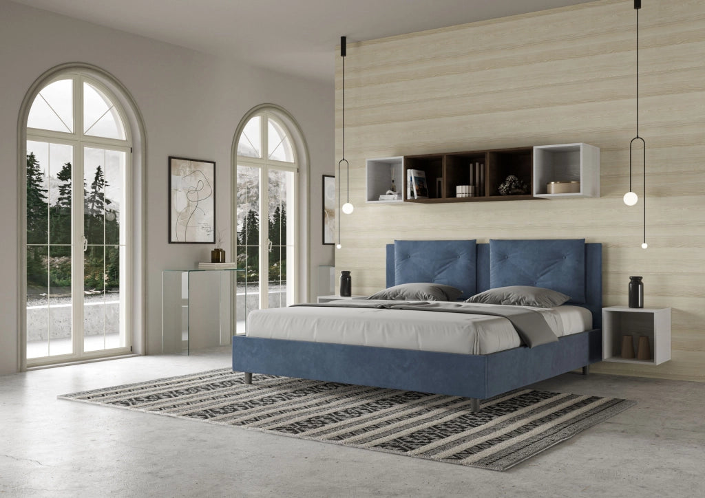 BS COM Letto senza rete imbottito 180x190 microfibra blu