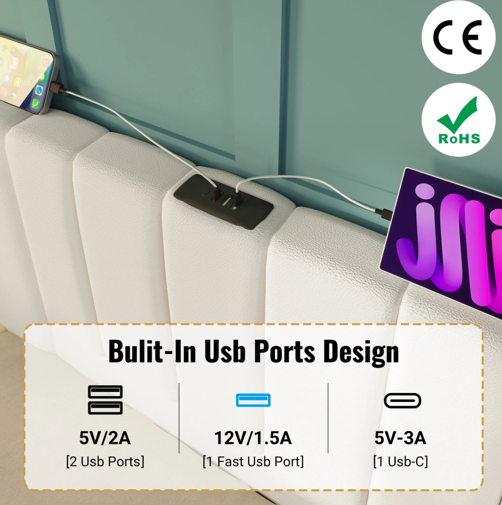 Letto contenitore 160 × 200 cm con LED; app; telecomando e 3 USB + Type-C; PU bianco