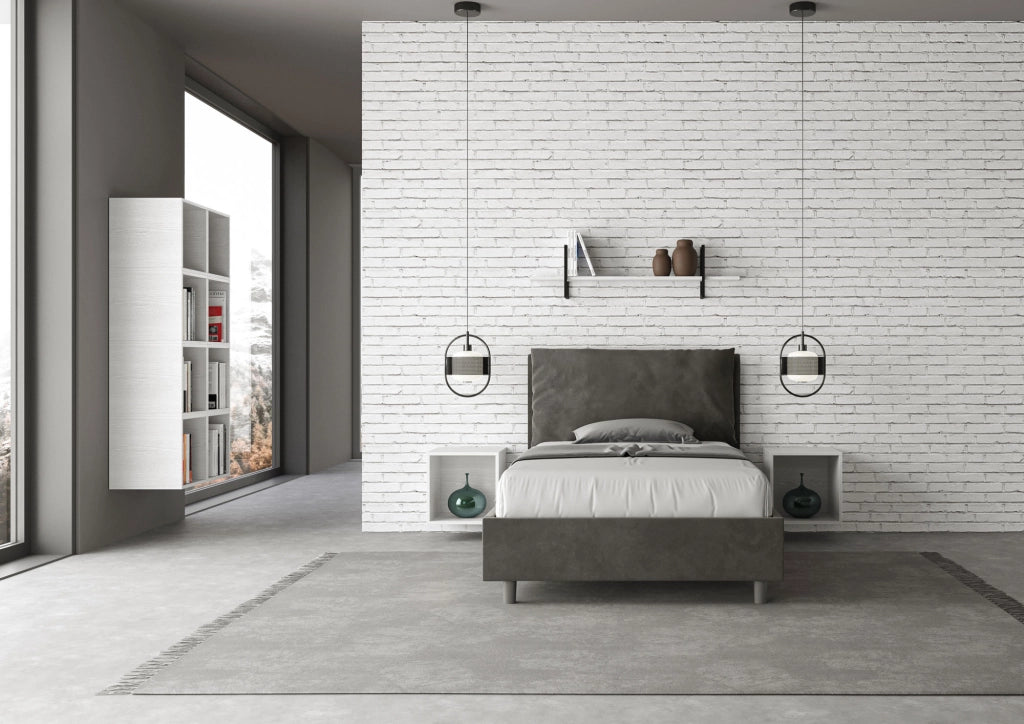 BS COM Letto una piazza e mezza con rete imbottito 110x190 microfibra grigio