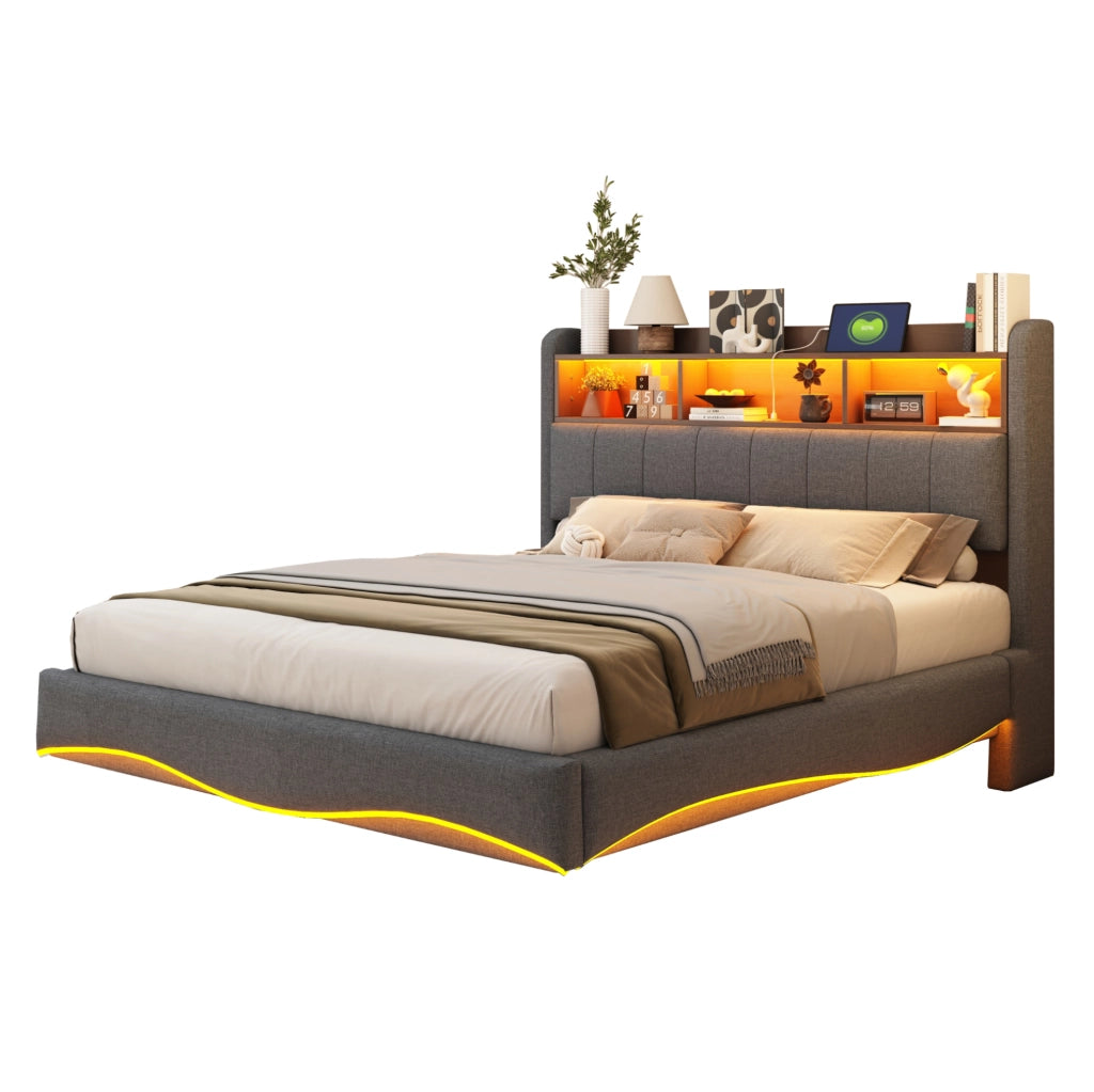 Letto imbottito sospeso 140x200 con LED, USB, Type-C e vano testiera