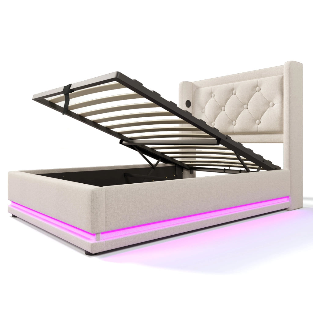 Letto contenitore 90 × 200 cm beige in cotone con LED; USB e Type-C