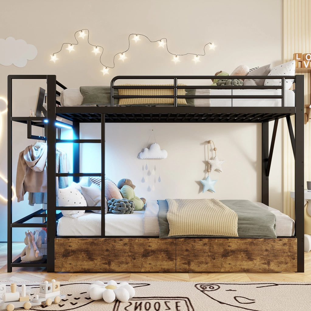 Letto a castello 140x200 cm con LED, 2 cassetti e ripiani, nero