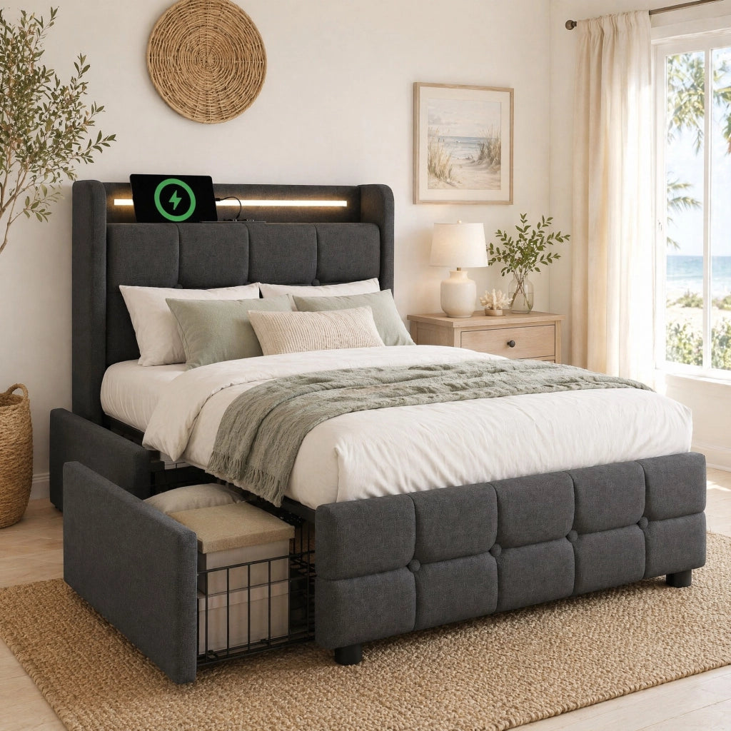 Letto singolo imbottito 90x200 cm con USB, luci LED e 2 cassetti