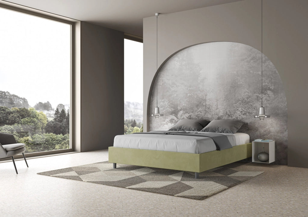 BS COM Letto queen size contenitore imbottito 150x200 microfibra tè verde