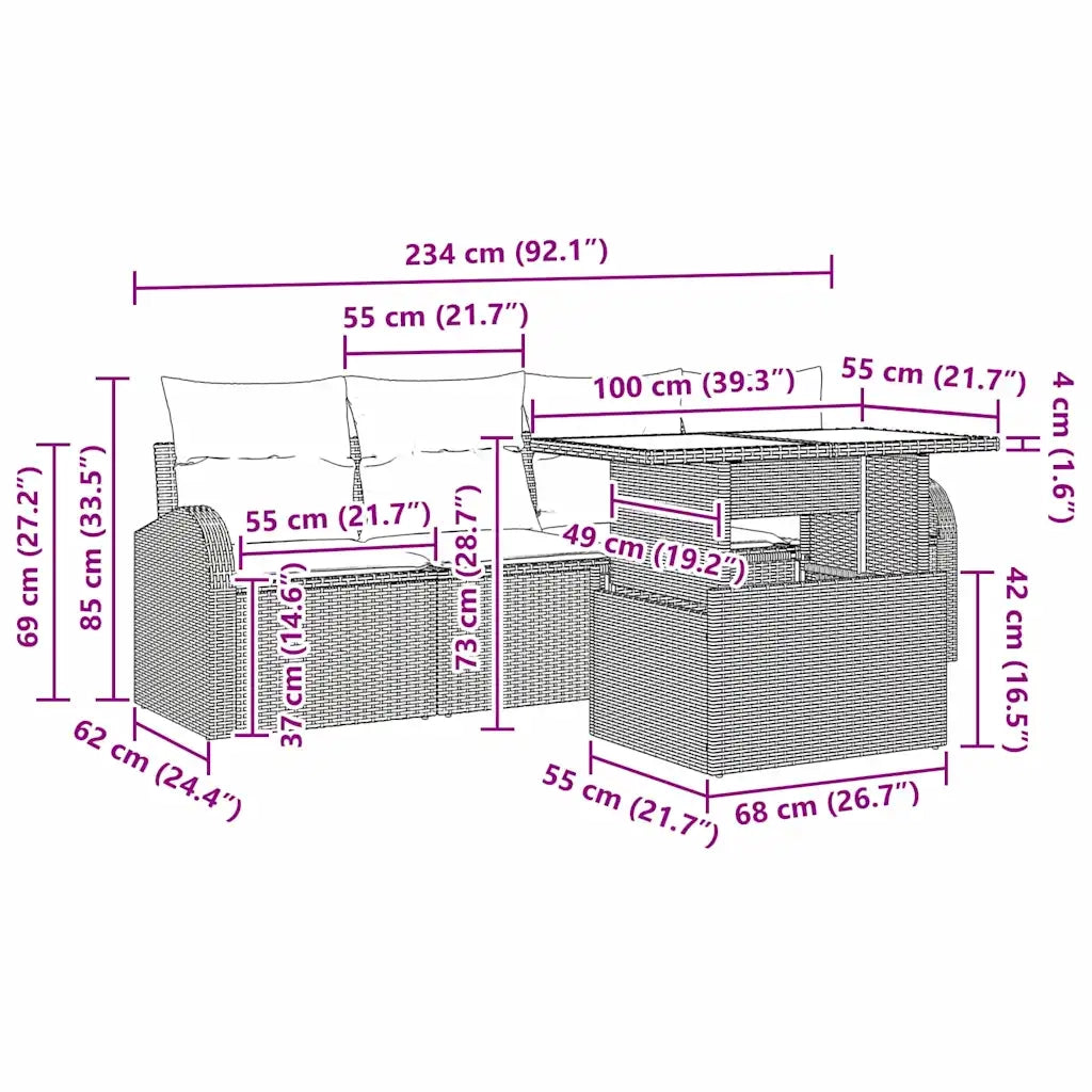 Set Divano da Giardino con cuscino 5 pcs Nero Poly Rattan 3348543