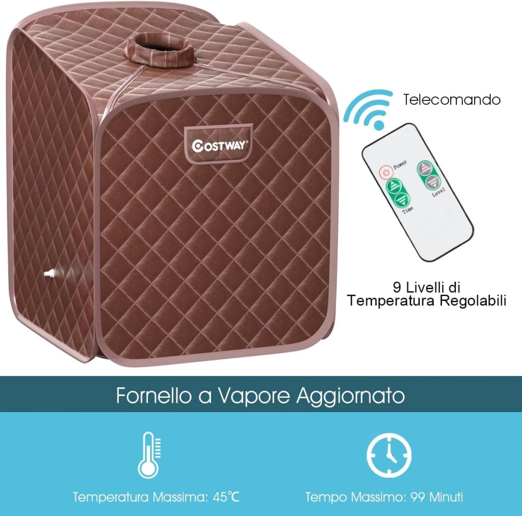 Sauna a Vapore Portatile con Telecomando, Cabina Sauna a Vapore Pieghevole con Sedia e 9 Livelli di Temperatura, Telaio in metallo (Caffè)