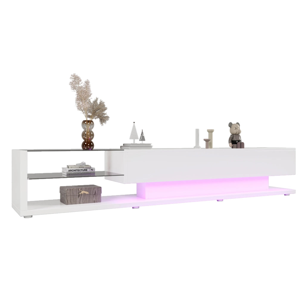 Mobile TV 170x36x38 cm Bianco Lucido con LED Multicolore, 2 Cassetti e 2 Ripiani in Vetro
