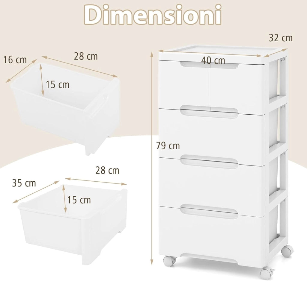 Carrello di Stoccaggio con Ruote, Cassettiera Verticale con Cassetti, Armadietto Contenitore di Stoccaggio, Organizzatore di Plastica per Casa Ufficio (4 cassetti)