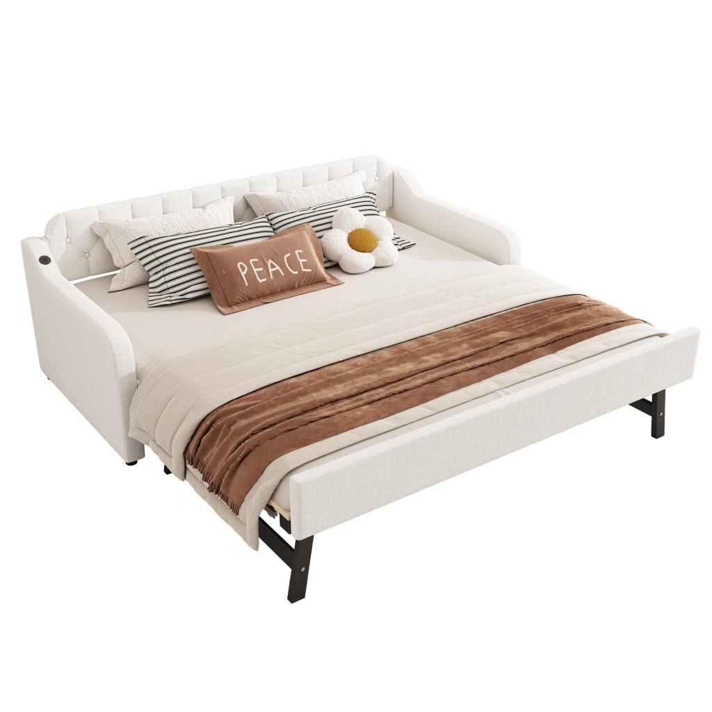 Divano letto estraibile 90x200 cm con USB; 10 doghe; in lino beige e MDF