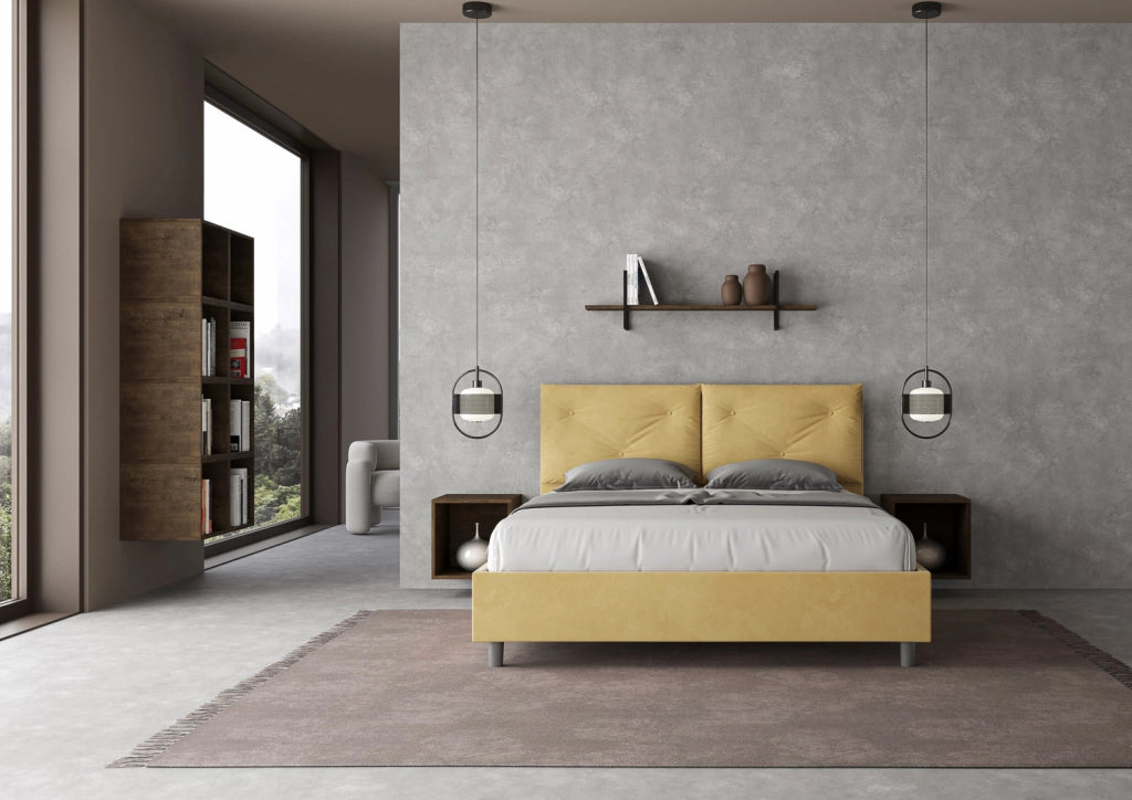BS COM Letto matrimoniale contenitore doppia alzata imbottito 160x190 microfibra ocra