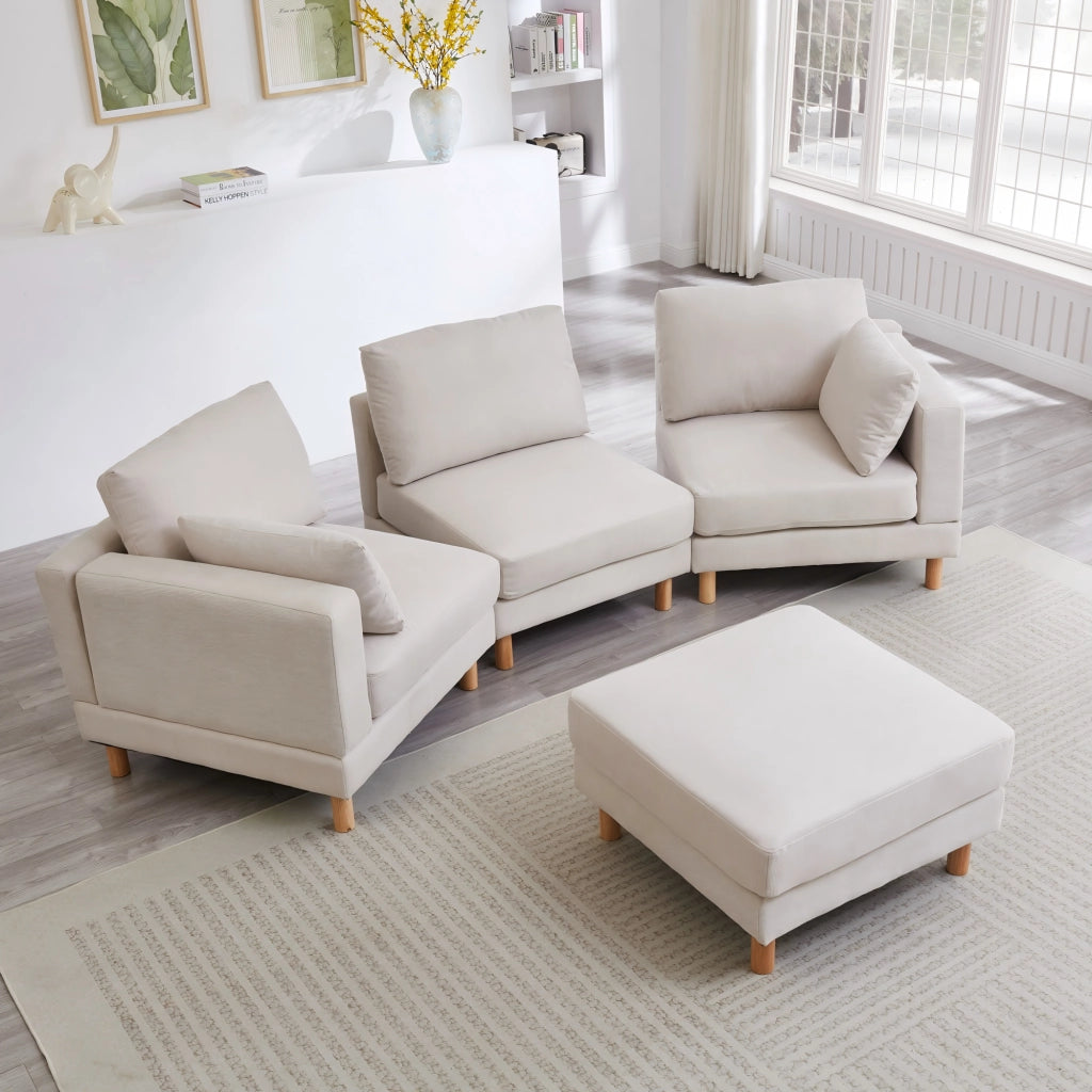 Divano angolare reversibile 3 posti con pouf, seduta modulare e cuscini, in poliestere beige