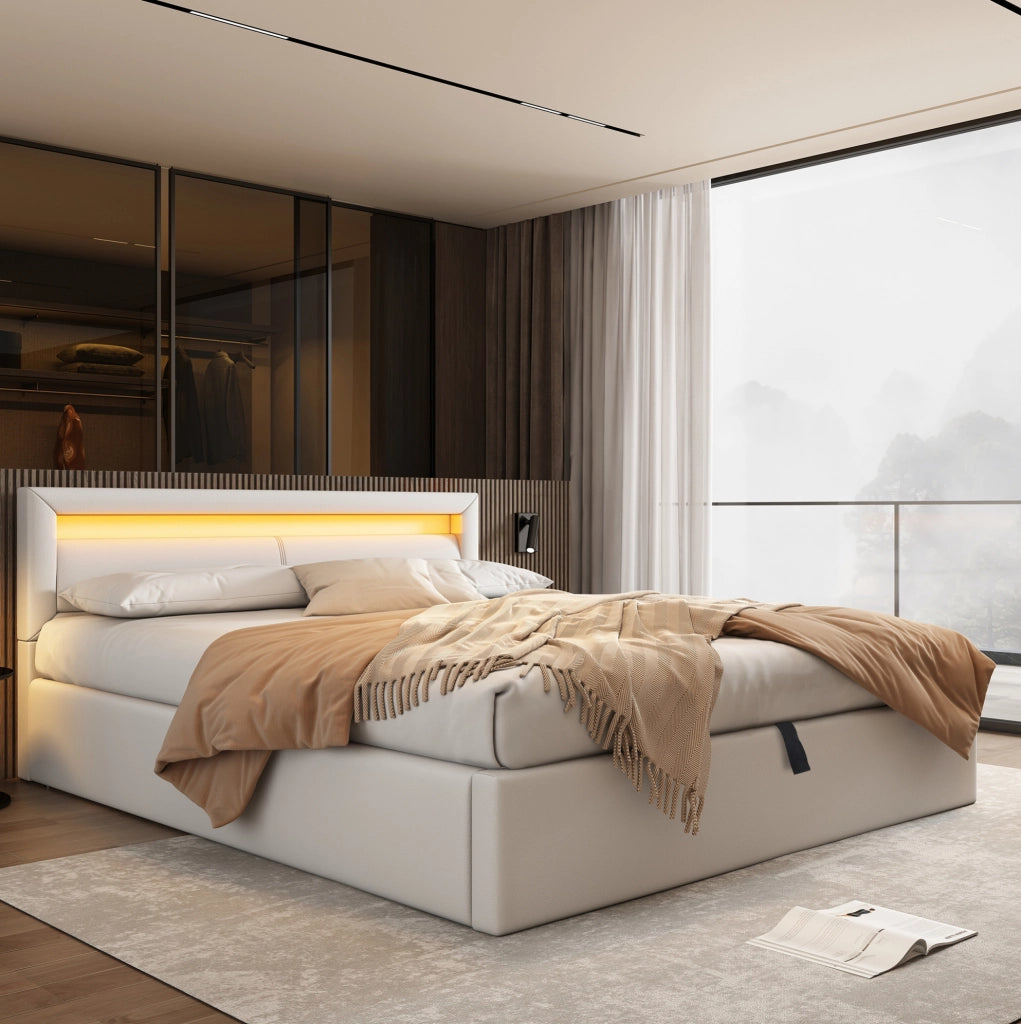 Letto imbottito con LED e contenitore 140 × 200 cm; PU bianco