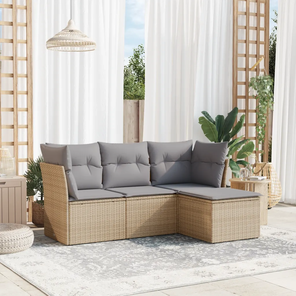 Set Divano da Giardino 4 pz | Set Salotto da Giardino con Cuscini Beige in Polyrattan