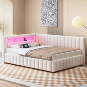 Letto contenitore 140 x 200 cm con LED e USB, rete a doghe, velluto beige, per camera da letto