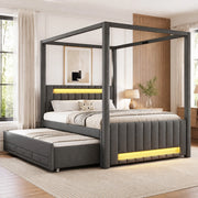 Letto a baldacchino imbottito 140x200 cm con letto estraibile e LED