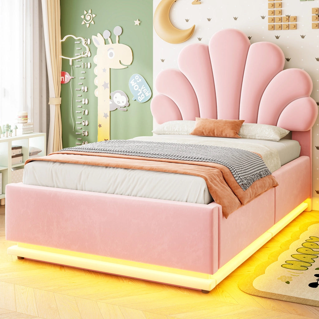 Letto imbottito 90x200 cm in velluto rosa con contenitore; LED e testiera a fiore