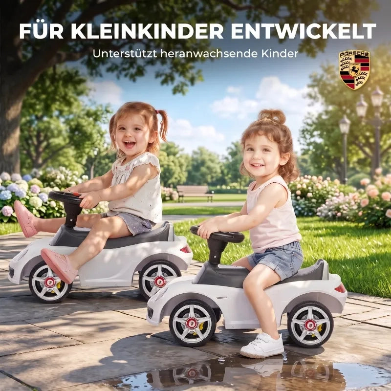 Auto a spinta per bambini Porsche bianca, con clacson, luci e suoni del motore, per 18-36 mesi