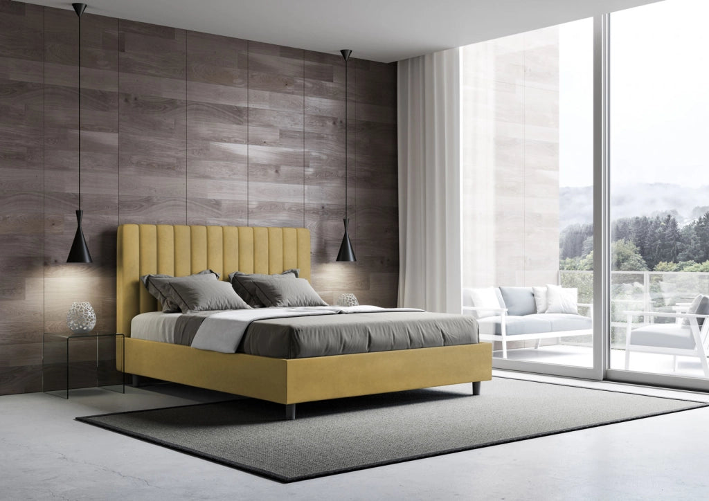 BS COM Letto una piazza e mezza con rete imbottito 130x210 microfibra ocra