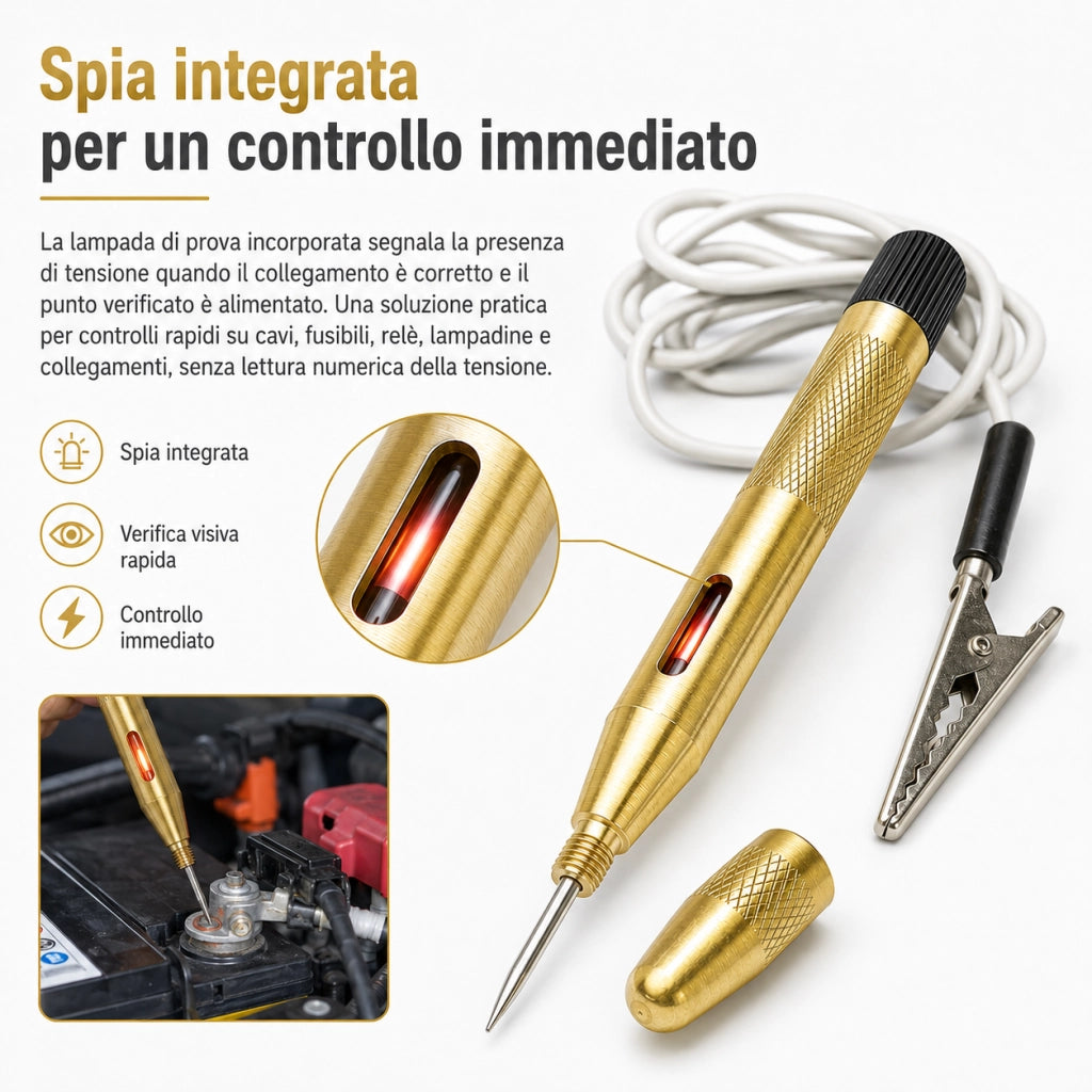 Penna Tester Di Tensione 6-12-24 V DC Auto Moto Camion con Spia e Morsetto 82374