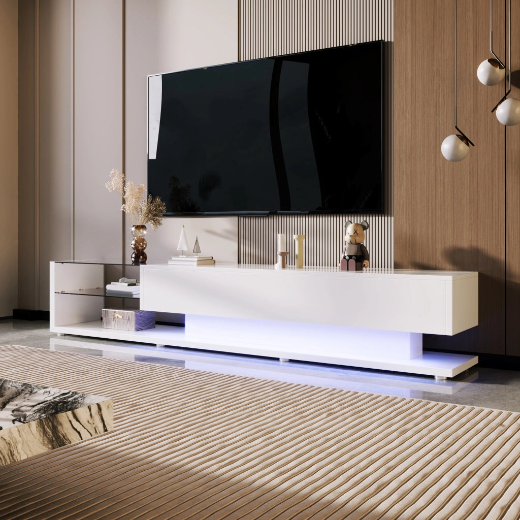 Mobile TV 170x36x38 cm Bianco Lucido con LED Multicolore, 2 Cassetti e 2 Ripiani in Vetro