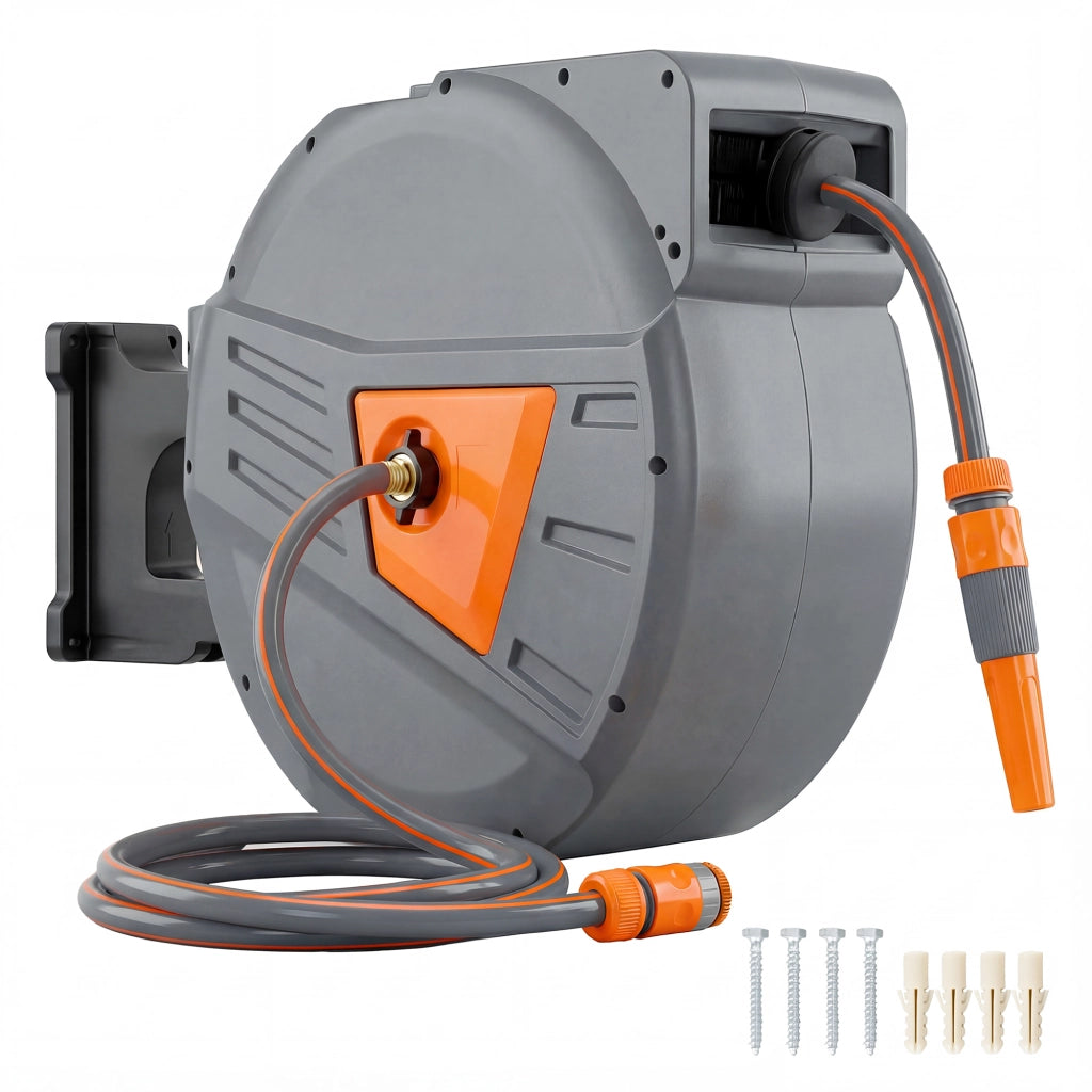 Enrouleur Tuyau Arrosage Mural 40+2 m x Ø 15mm, Dévidoir de Tuyaux d'Eau Rétractable Automatique Pivotant à 180°, Orange
