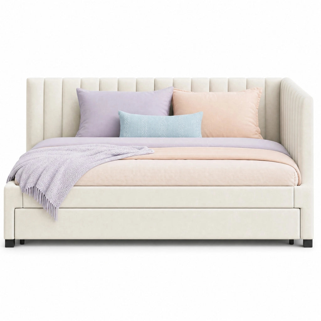 Letto singolo imbottito 90×200 cm beige con letto estraibile e rete a doghe