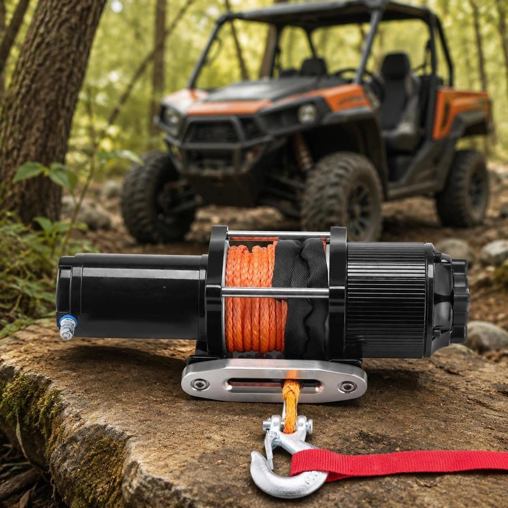 Electric Winch, 2048 Kg Pulling Force, 12 V DC For Off-road Vehicles/UTVs, With 12-strand Synthetic Rope (Φ1/4 Inch X 39 Feet), Aluminum Rope Guide, Remote Controls, IP55 Water Resistance