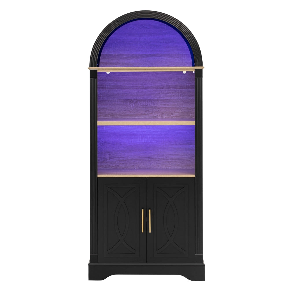 Credenza alta con LED ripiano regolabile 2 ante e 3 vani aperti in MDF nero per cucina soggiorno 76,2 × 40,1 × 180 cm