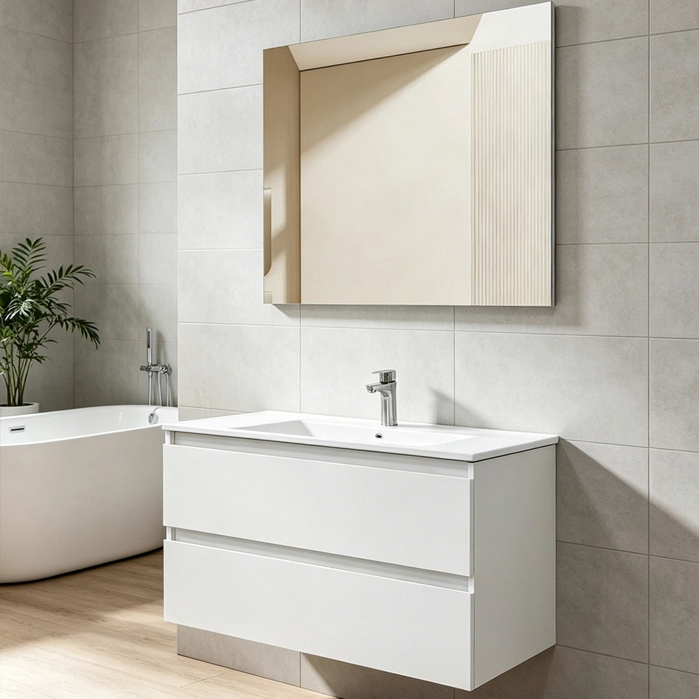 Mobile da Bagno Sospeso con Specchio e 2 Cassetti Otranto Larghezza 90cm Bianco
