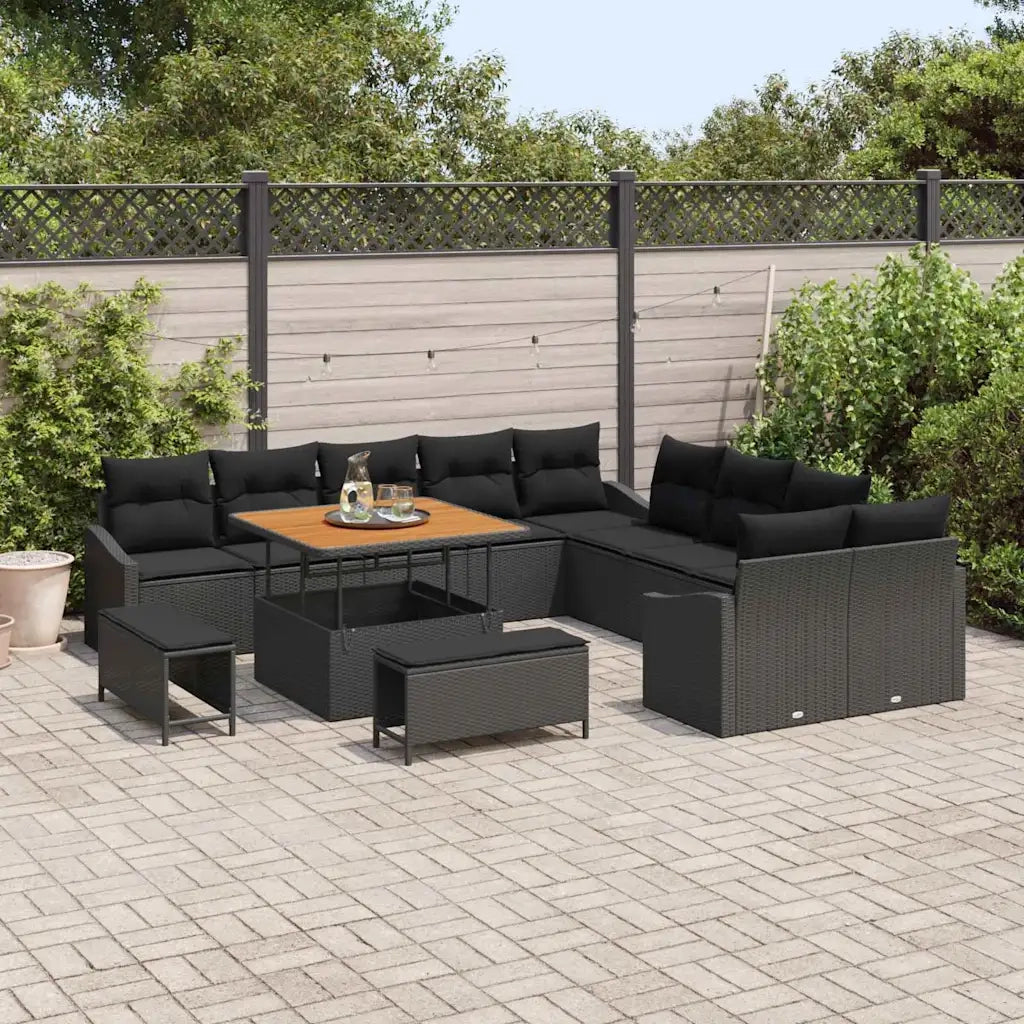 Set Divano da Giardino con cuscino 13 pcs Nero Poly Rattan