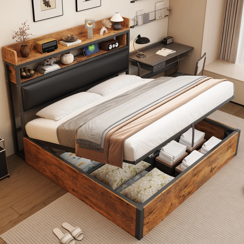 Letto 180x200 cm con contenitore idraulico, USB e testiera imbottita nero
