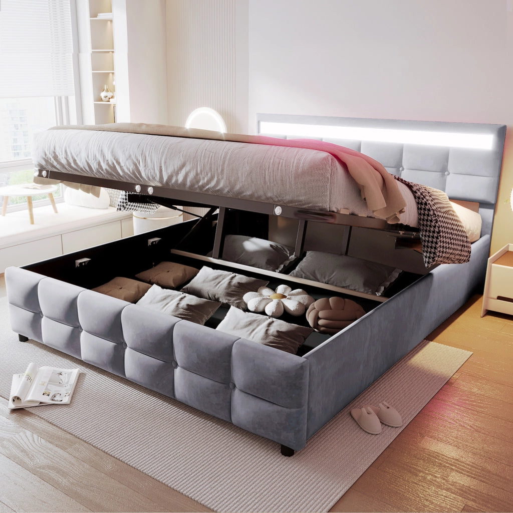 Letto Contenitore 180x200 cm; Sollevamento Idraulico; LED - in Velluto Grigio