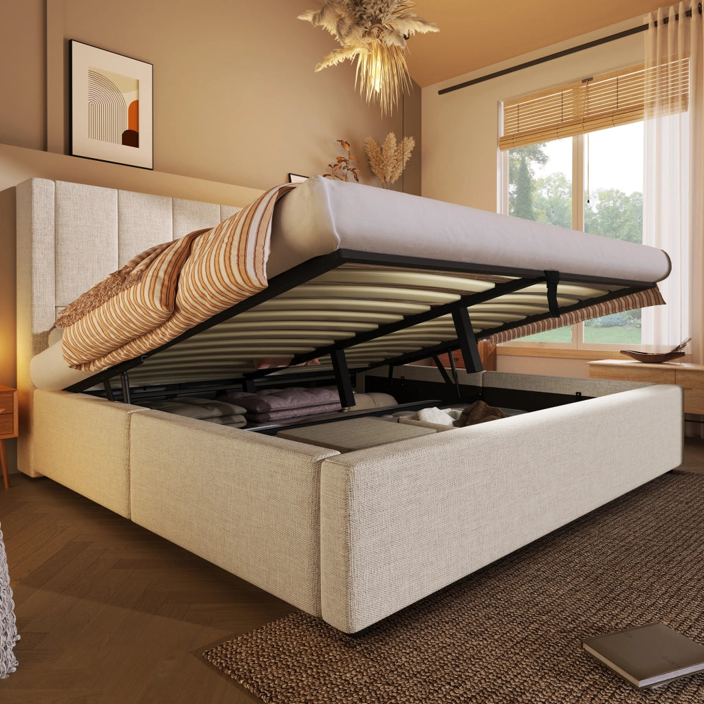 Letto contenitore imbottito in lino 140 x 200 cm, con contenitore idraulico, portabicchiere nascosto, stazione di ricarica e rete a doghe, beige