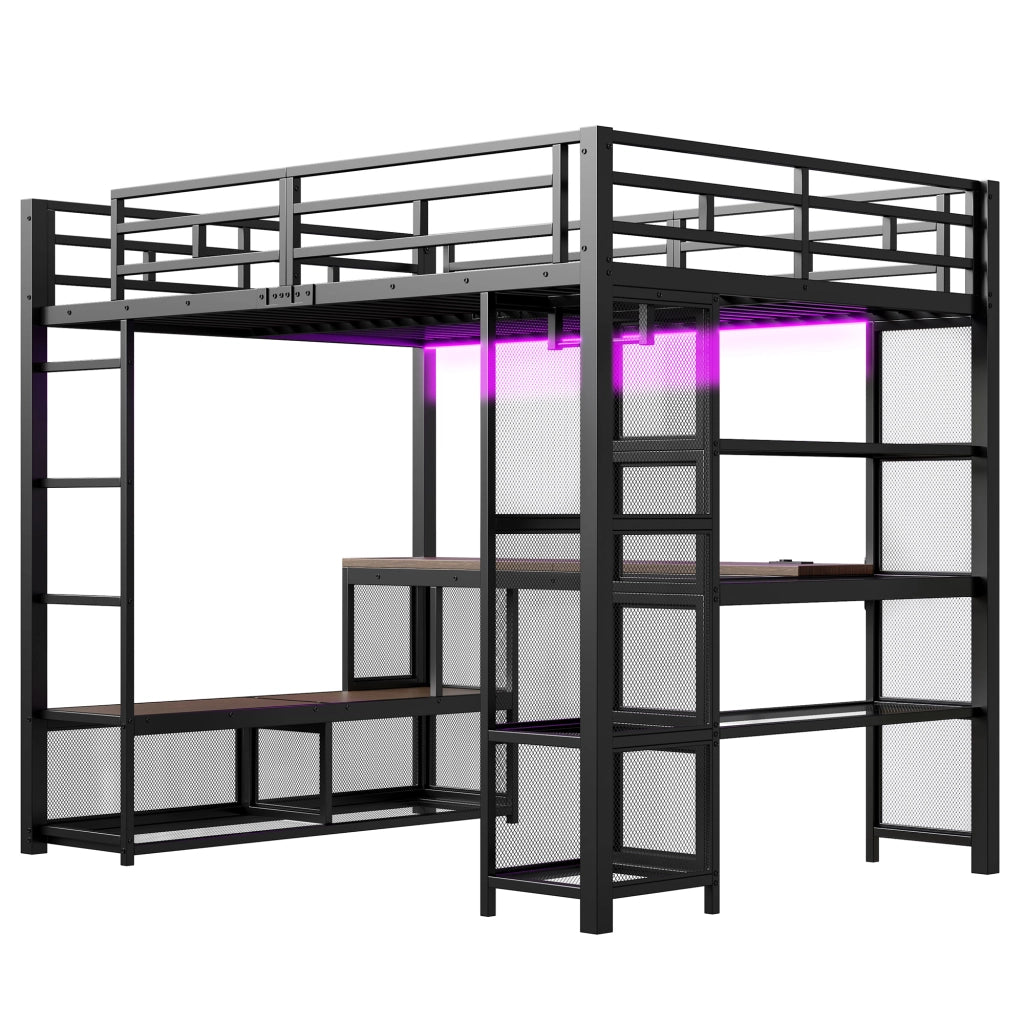 Letto a soppalco 140x200 in metallo nero con scrivania e luci LED