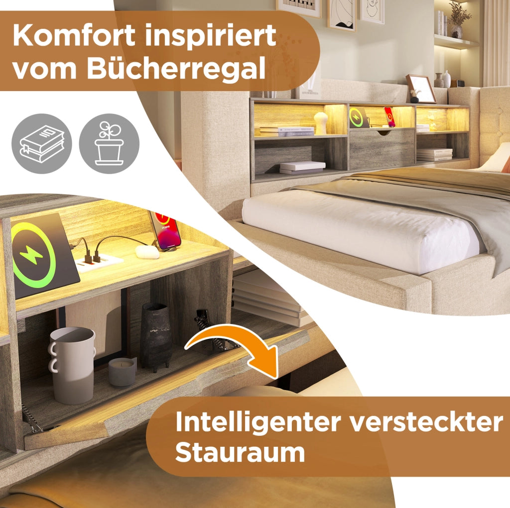 Letto singolo 90x200 cm con LED, ricarica USB e contenitore