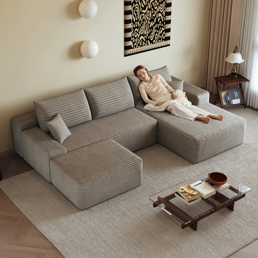 Divano angolare modulare 270 cm a L con chaise longue, 4 posti, tessuto in velluto a coste, color cammello