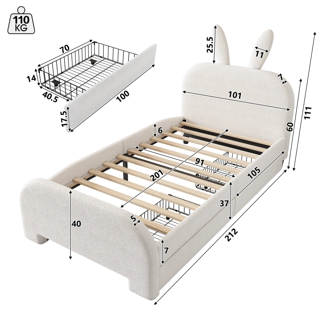Letto per bambini imbottito 90x200 cm in MDF e lana, design con coniglio, 2 cassetti, bianco