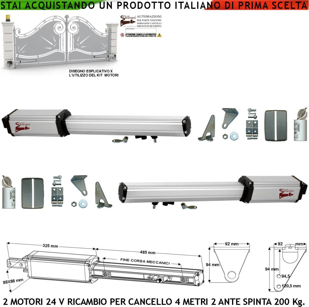 Motori Elettromeccanici 24 Vcc Corsa 300 MM Spinta 2 Q.li Chiave di Sblocco sul Carrello di Traino Per Cancello Automatico da 4 Metri 2 Ante da 2 Metri Completi Kit Staffe Ricambio Adatti per Elettronica BTF Came Serai Misure 910X88X88 mm