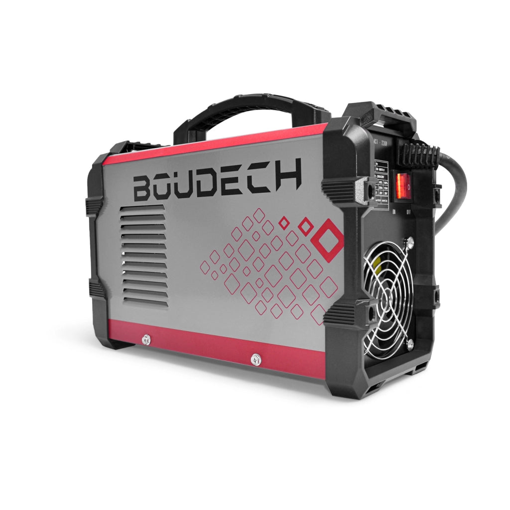 CASTER-MMA Saldatrice ad inverter 200Amp con tecnologia IGBT. Leggera, sicura ed affidabile, dotata di controllo a circuito chiuso. Fornita con pinza di massa, porta elettrodo e maschera per saldatura. Certificata CE