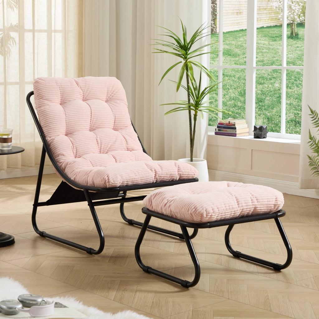 Poltrona reclinabile da esterno con poggiapiedi, cuscino imbottito, struttura nera e cuscino rosa