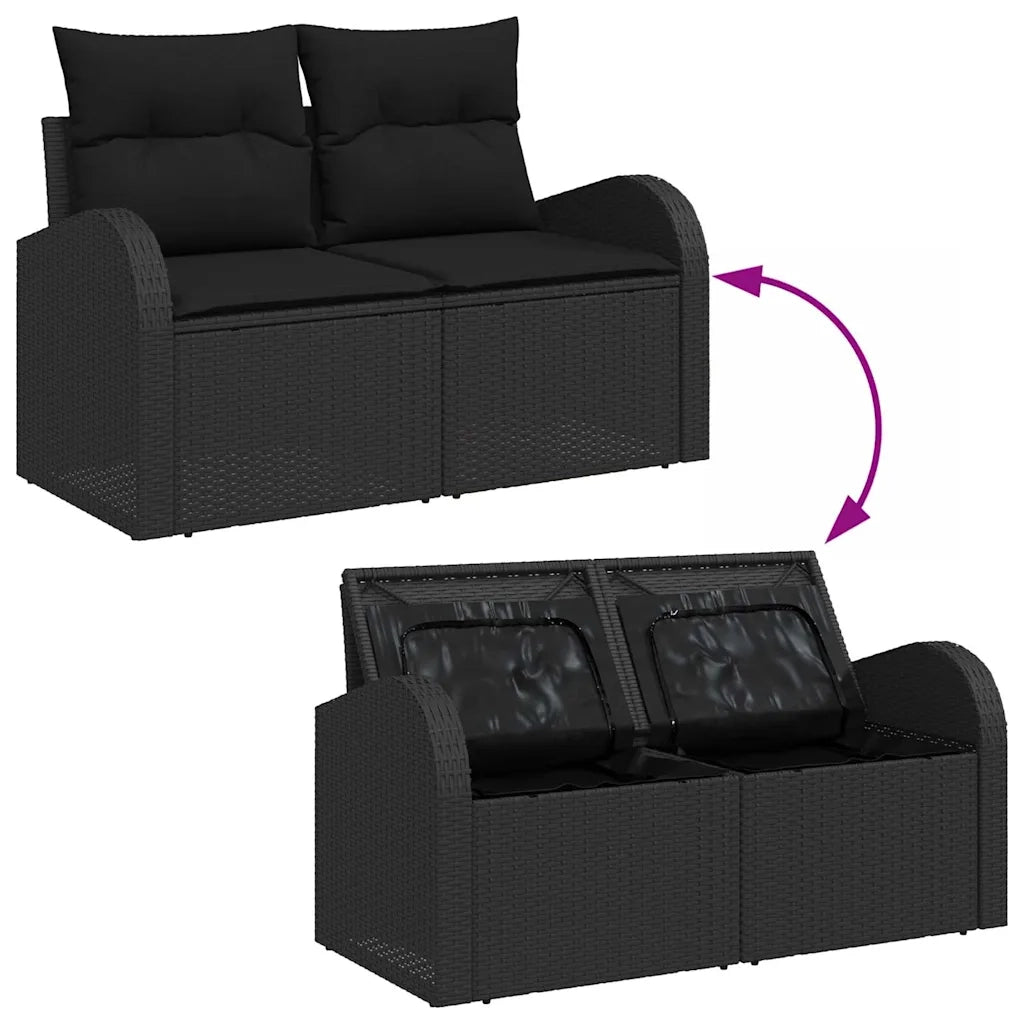 Set Divano da Giardino 7 pcs Nero Polyrattan, Acciaio e Vetro