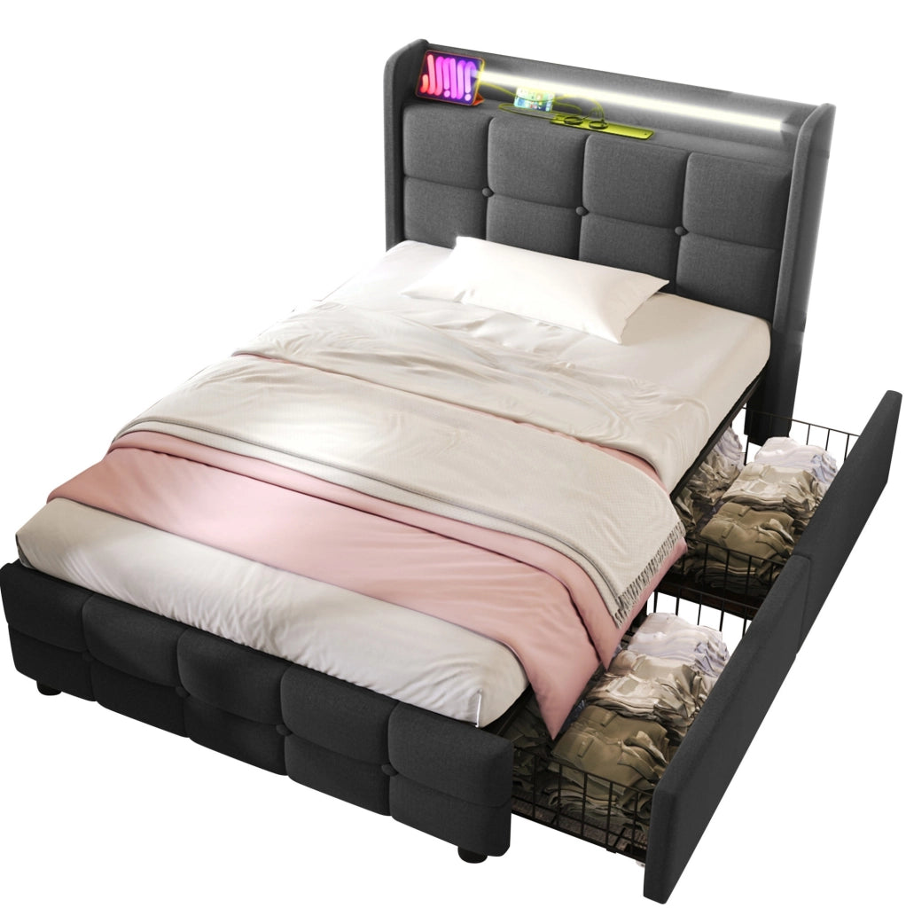 Letto singolo imbottito 90x200 cm con USB, luci LED e 2 cassetti