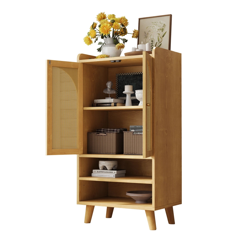Credenza alta con 2 ante in rattan e 2 vani aperti per soggiorno, cucina o ingresso, truciolato naturale, 60 × 40 × 121 cm