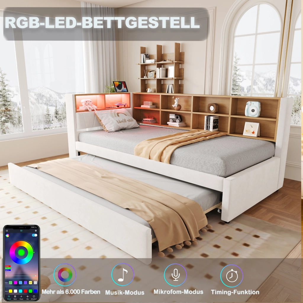 Divano letto con LED, prese e contenitore, 90x200+90x190 cm, flanella beige