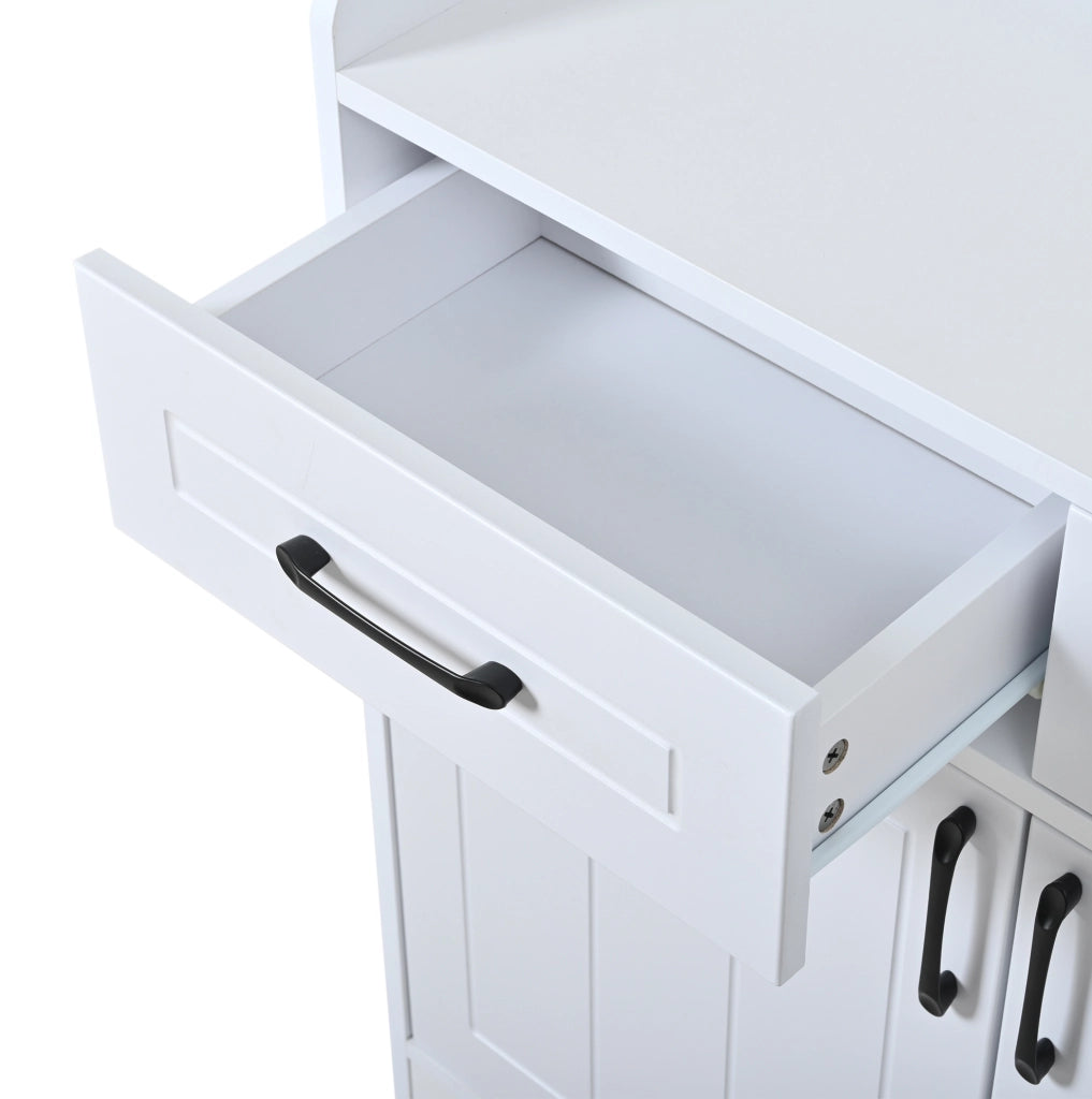 Mobiletto bianco 120x35x80 cm con 3 cassetti e 3 ante, piano regolabile e design a righe