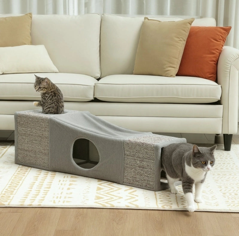 Tunnel per gatti ULEVR 98x30x30 cm con 2 cucce trasformabili e rivestimento in sisal, marrone e grigio