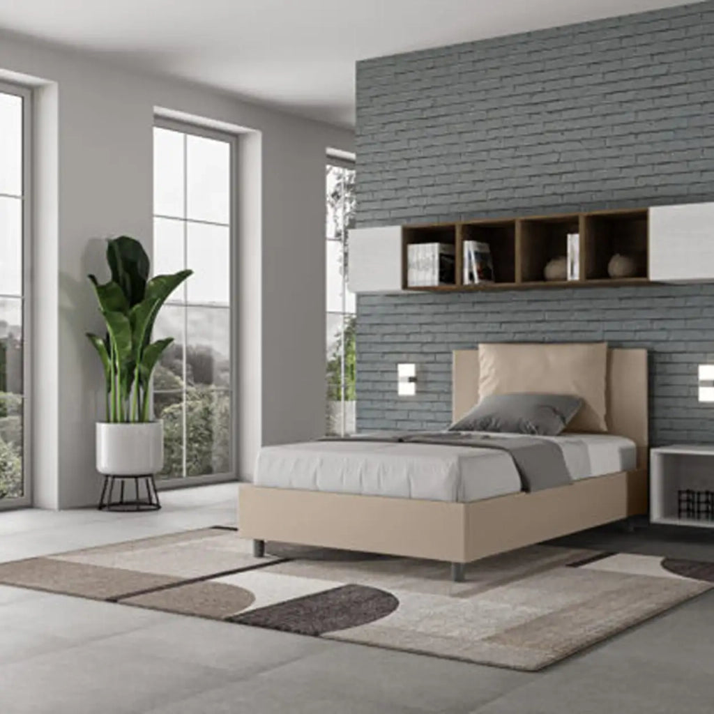 Letto una piazza e mezza contenitore imbottito 120x210 similpelle tortora Antea