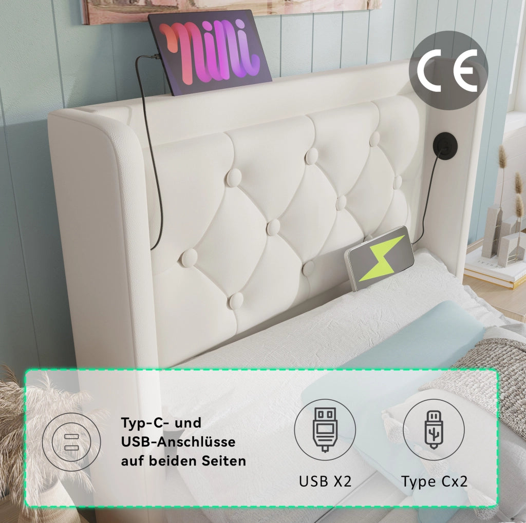 Letto contenitore 90 × 200 cm in PU bianco con LED; USB e Type-C