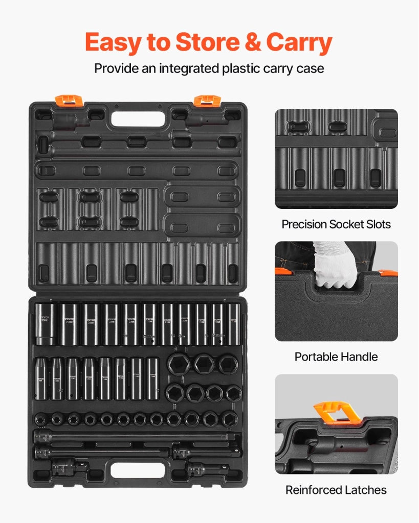 Set Bussole a Percussione 1/2 Pollici 43 Pezzi in Acciaio CR-V, Bussole a 6 Punti 9-30 mm Standard e Profonde con Prolunghe per Officina e Fai da Te