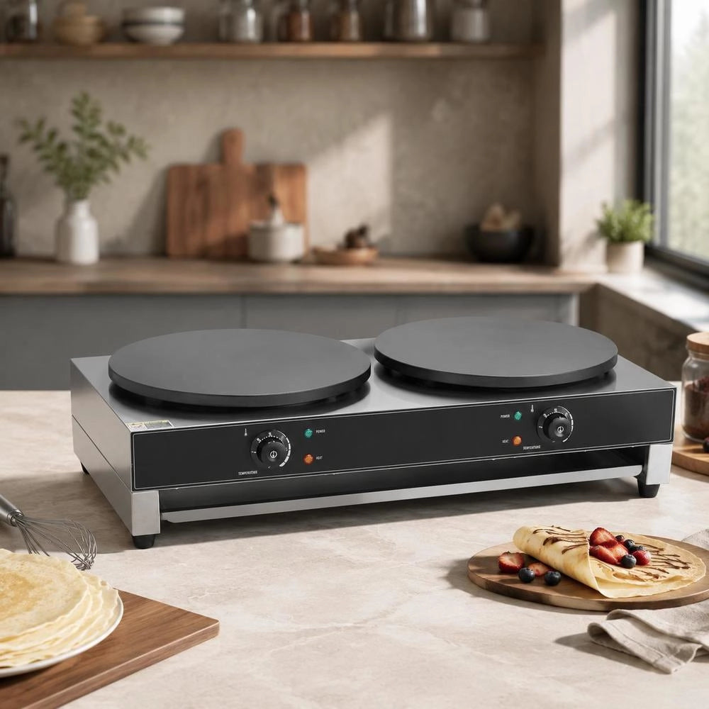 Electric Crepe Maker With Double Head, 6000 W Flat Crepe Grill Plate, Stainless Steel Pancake Oven, Cereal Pancake Oven, Temperature Control (no Plug)